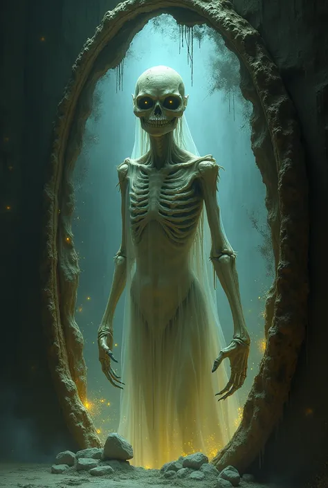 " An ancient skeletal figure emerging from a fractured, shiny mirror .  Your body is wrapped in thin, ragged strips of skin translucent ,  hitting like cobwebs with each unnatural movement .  The creatures hollow eyes sparkle weakly with a yellow light sic...