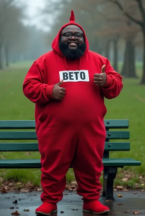 Highly realistic and detailed photograph of a black man, medium fat, 38 years old, average height 1.72, bald (shaved head), big head, big chin, big black beard, wearing square prescription glasses and black frames, dressed in costume wearing a red teletubb...