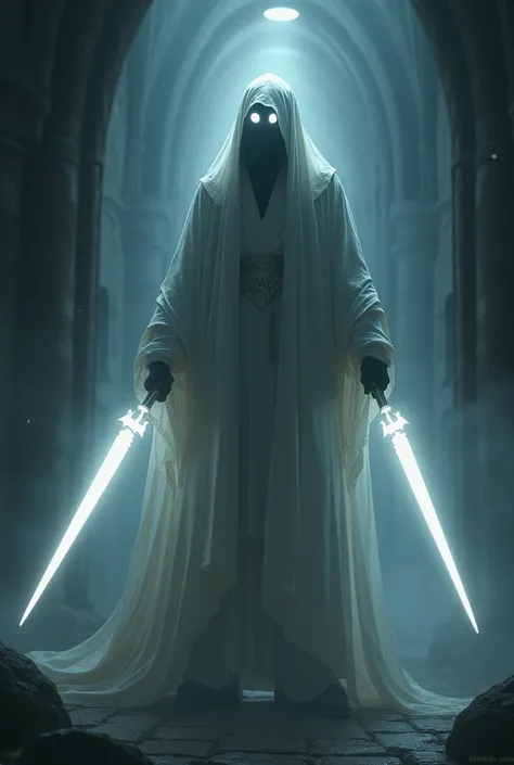 A shadowy figure with an all white cloak  and glowy white eyes with two white holy spears facing downwards