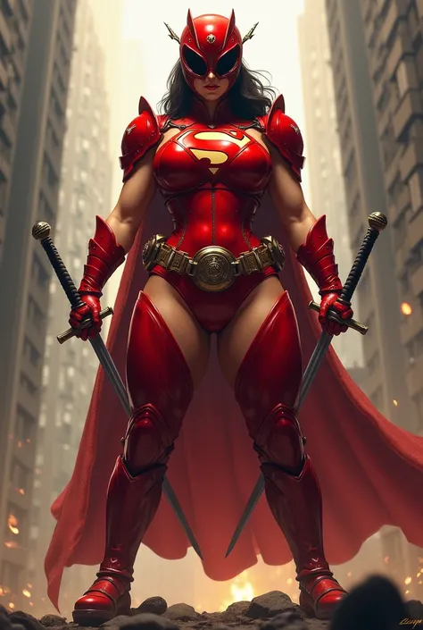 Woman with a voluptuous body,  big breasts,  big butt ,  red full body armor, Power ranger helmet, Superman logo , a pair of swords 