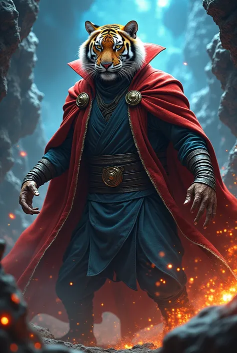 A hybrid creature combining the features of a tiger and Doctor Strange, forming a monstrous and dangerous entity. The creature has the tigers ferocious face, sharp teeth, and stripes, seamlessly blended with Doctor Stranges mystical robes, glowing magical ...