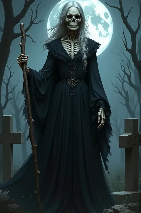  Make an old sorceress , 70 years old, black colonial dress ,  half of the face skull ,  in the background of a cemetery on a full moon night 