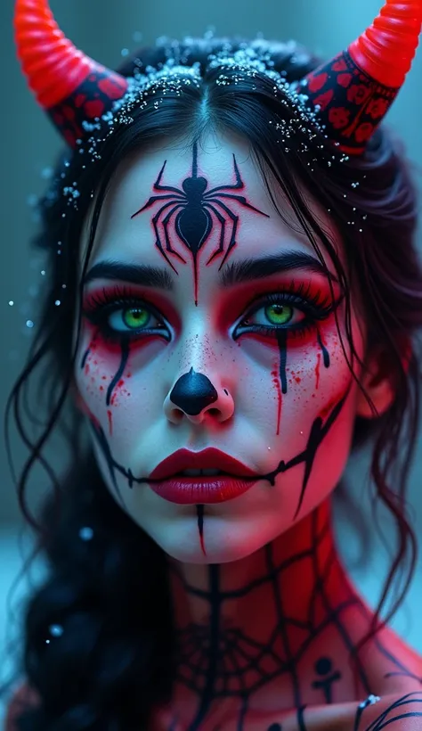 Halloween, magical beauty, neon, photorealistic, beautiful woman, spiderwoman, macro photography, high quality, 4k, fairy, face tattoo, snow, beautiful neon particles, photorealistic, girl, in tattoo, incredibly beautiful, full-length, beautiful forms, imp...