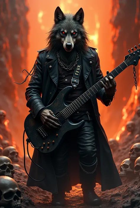  HUMANOIND GOTHIC wolf face standing wearing black punk costume inscribed with name "Felix" on his clothes, wearing a chain necklace while holding a guitar , looks real , background A bunch of skull heads ,baground hot crack lava.