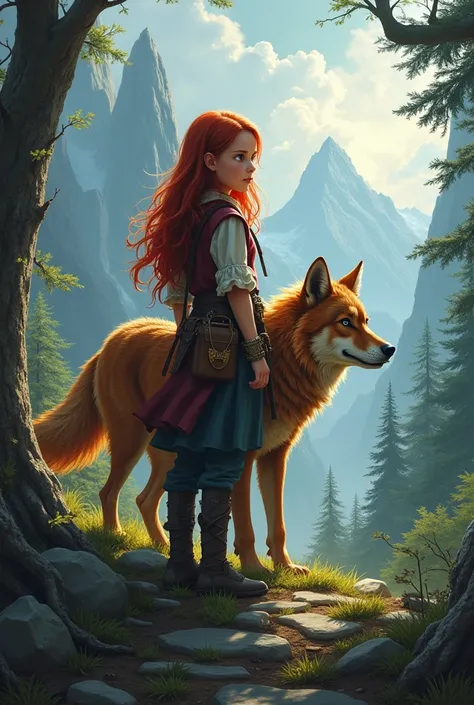  Create the cover for an epic fantasy book, where the protagonist is a ten-year-old red-haired girl who has a wolf with reddish brown fur.