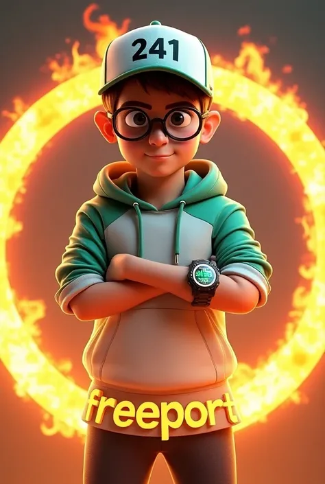 "A teenage boy in a 3D animation style with a confident expression, wearing a white and green hoodie and a baseball cap with the text 241. He has large round glasses and a futuristic digital watch on his left wrist. A glowing ring of fire surrounds him, cr...