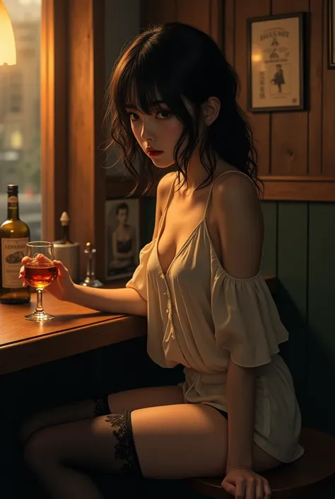  wears a loose, thin blouse with exposed shoulders 。 The beautiful girl has a slim figure 、 holds an amber whiskey glass in one hand 。 in a posture with her hands on her hips 、 hangs down to hide part of her face 、 with a horizontal angle 。 with an ephemer...