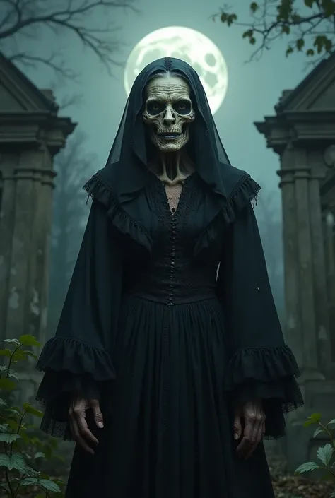  Make an old sorceress , 70 years old, black colonial dress , Half the face skulls and half the woman,  in the background of a cemetery on a full moon night 