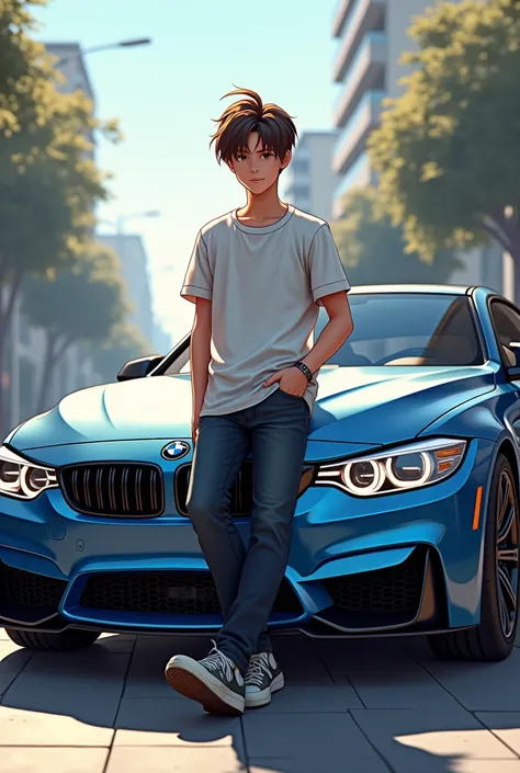 A boy who is in the front of a BMW M4 
G82 leaning against a teenager with shorter hair 


