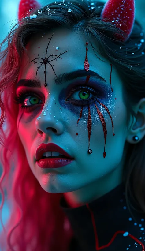 Halloween, magical beauty, neon, photorealistic, beautiful woman, spiderwoman, macro photography, high quality, 4k, fairy, face tattoo, snow, beautiful neon particles, photorealistic, girl, in tattoo, incredibly beautiful, full-length, beautiful forms, imp...