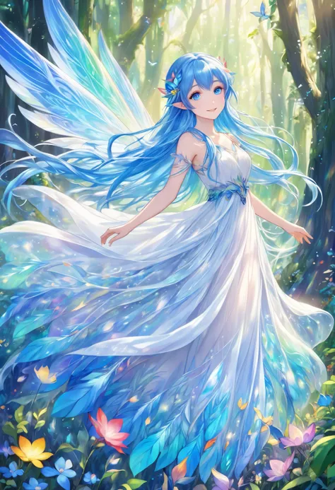 fairy girl with blue hair, blue eyes and white long dress、smile、In the bright forest、beautiful fairy , Rainbow-colored transparent feathers、 A lot of little elves are flying too 、美しいIn the bright forest、 Anime Fantasy Artwork ,  Beautiful fantasy anime ,  ...