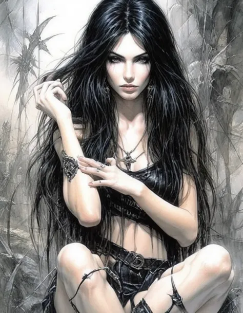 nude woman with perfect eyes black color and perfect legs and perfect hands and perfect fingers, ilustraciones de luis royo style rendered in a vibrant and detailed manner, black hair, D Breast size, long hair, white skin, clean skin