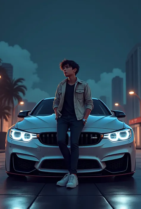 A boy who is in the front of a BMW M4 
G82 leaning against a teenager with shorter hair at night 


