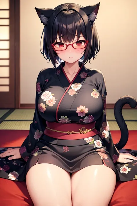  high definition , masterpiece, accurate,  anatomically correct,  best quality,  very detailed , 1 person,  shortcut ,  black hair, Cat ears, Cat tail、Glasses、chubby、Busty、Mature Woman、yukata、 sexy、 embarrassed 、blush、Red Eye、Japanese-style room、sit