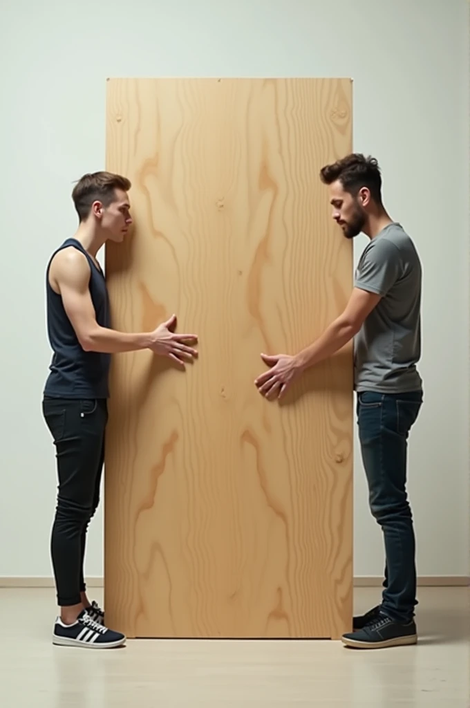 Plywood door holding two people and standing each side