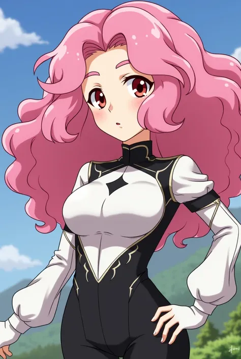 (absurdres, 정교한 세부 사항, 걸작, 최고 품질, 고해상도, 8k), Anime, Anime Girl, Retro Animation, 80s Animation, Magic Knight Rayearth,curly Hair, Long Hair, Pink Hair, Thick Eyebrows, Raised Eyes, Red Eyes, High Quality, Black Anamel Suit, White Bust armer, Isida atsuko, ...