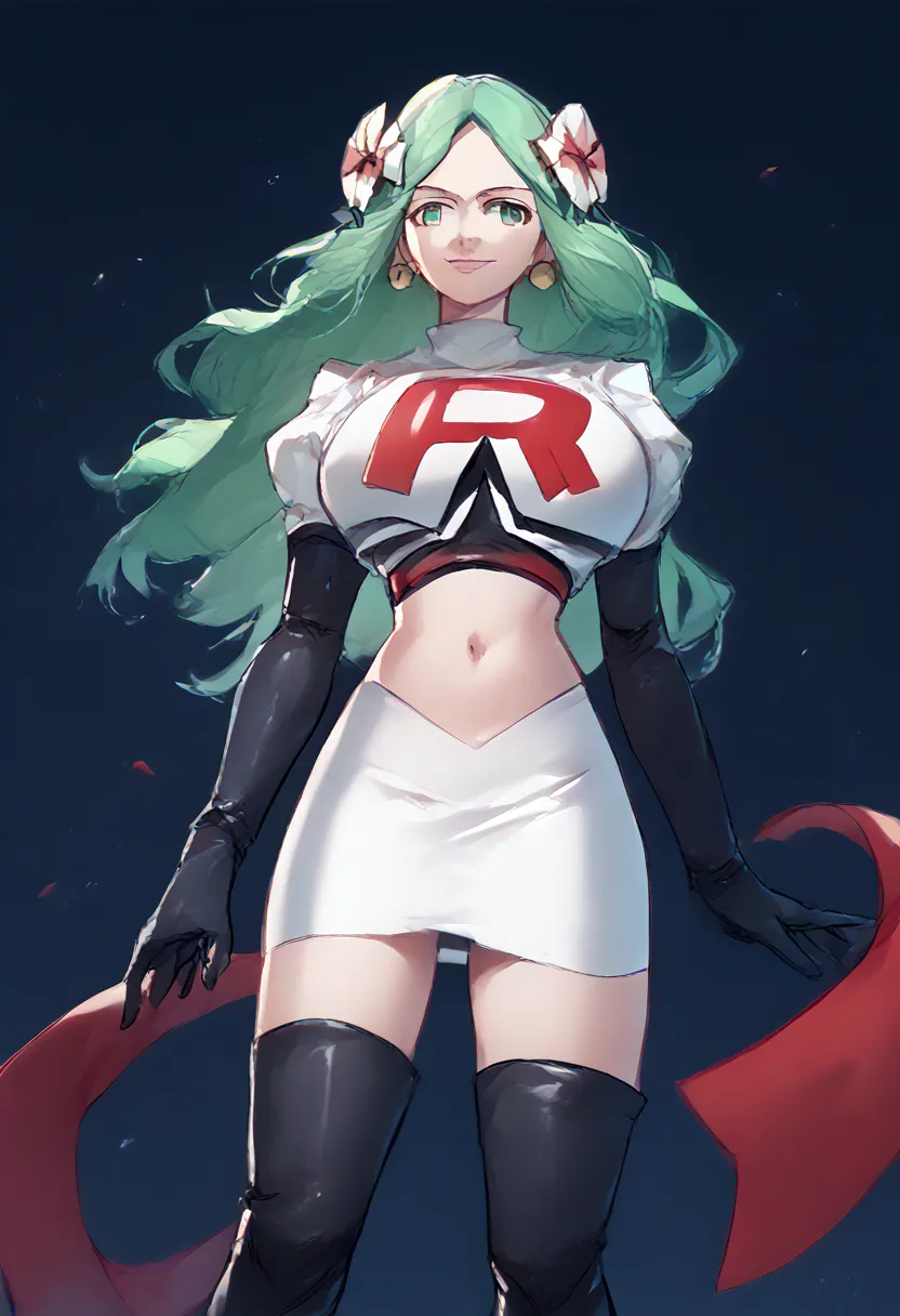 team rocket, team rocket uniform, red letter r, white skirt,white crop top,black thigh-high boots, black elbow gloves, evil smil...