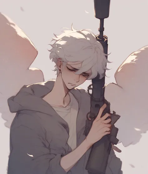  winged machines  、 he has a big gun.、  has lots of guns、Shoot a gun、 Winged Woman 、White Hair、 Short Hair、The skin is pale black、 sad