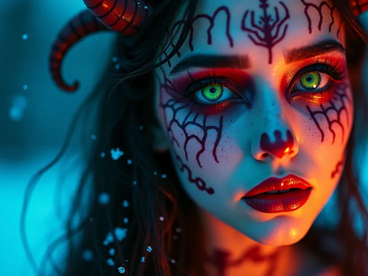 Halloween, magical beauty, neon, photorealistic, beautiful woman, spiderwoman, macro photography, high quality, 4k, fairy, demon, face tattoo, snow, beautiful neon particles, photorealistic, girl, in tattoo, incredibly beautiful, full-length, beautiful for...