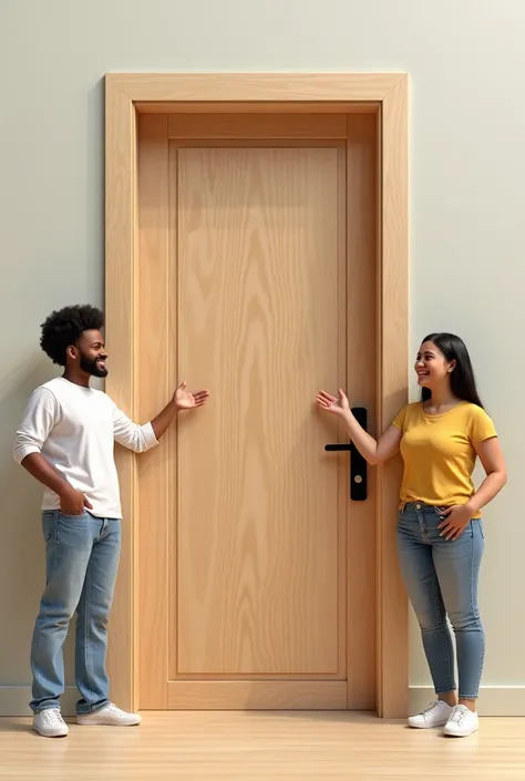 Plywood desigbed door holding two people and standing each side happily and looking straight to like come and buy these doors