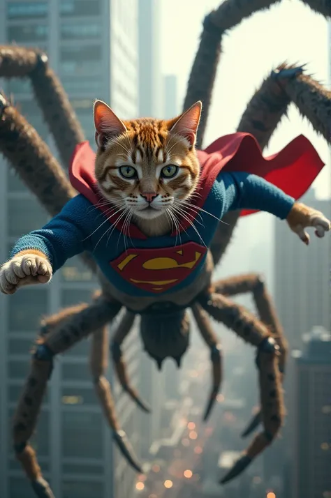 Photo of a cat jumping out of a building saving Superman and Batman while a big spider is chasing them and behind it there is a 10,000-meter capybara