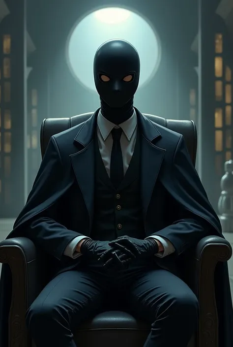 A doctor with an anime body and an anime world with a black prosthetic mask covering his entire face, a black cape, a black suit and also black gloves, sitting on a chair looking forward with no one around. 