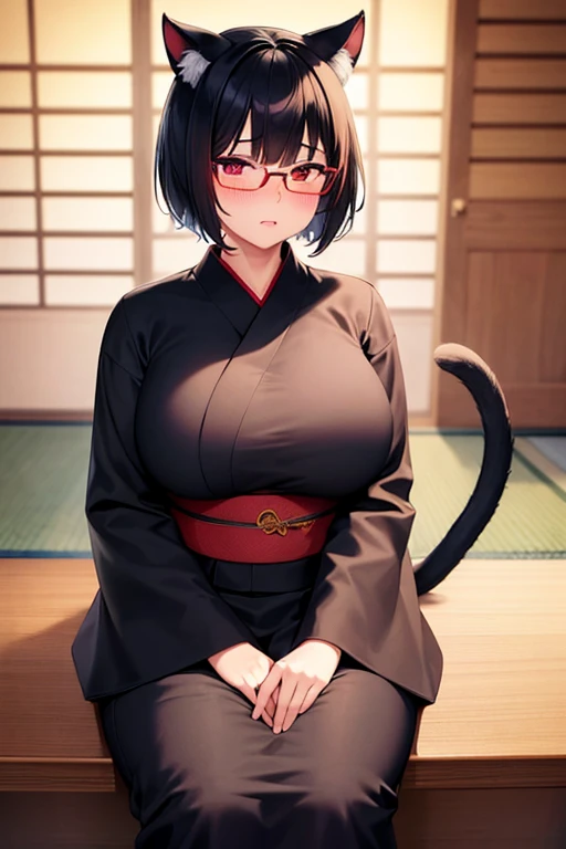  high definition , masterpiece, accurate,  anatomically correct,  best quality,  very detailed , 1 person, Short Hair ,  black hair, Cat ears, Cat tail、Glasses、chubby、Busty、Mature Woman、Yukata、 sexy、 embarrassed 、blush、Red Eye、Japanese-style room、sit