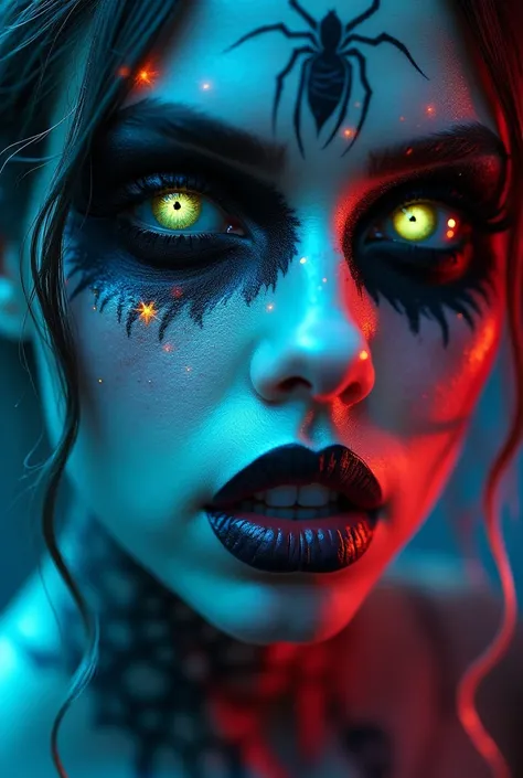 Halloween, magical beauty, neon, photorealistic, beautiful woman, spiderwoman, macro photography, high quality, 4k, fairy, demon, face tattoo, snow, beautiful neon particles, photorealistic, girl, in tattoo, incredibly beautiful, full-length, beautiful for...