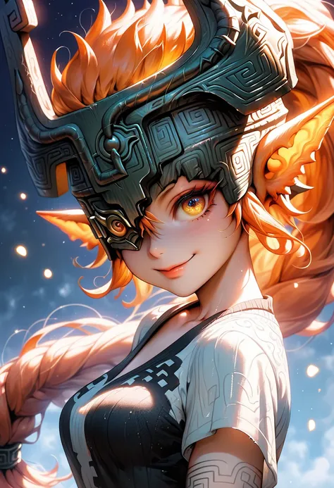 score_9, score_8_up, score_8, medium breasts, (curvy), cute, eyelashes, BREAK, , upper body, (detailed eyes), soft lips, detailed skin, zzMidna, colored skin, pointy ears, orange hair, helmet, multicolored skin, two-tone skin, yellow sclera, one eye covere...