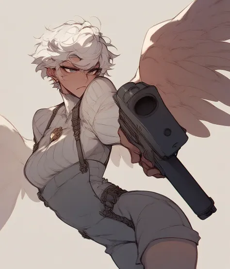  winged machines  、 he has a big gun.、  has lots of guns、Shoot a gun、 Winged Woman 、White Hair、 Short Hair、The skin is pale black、