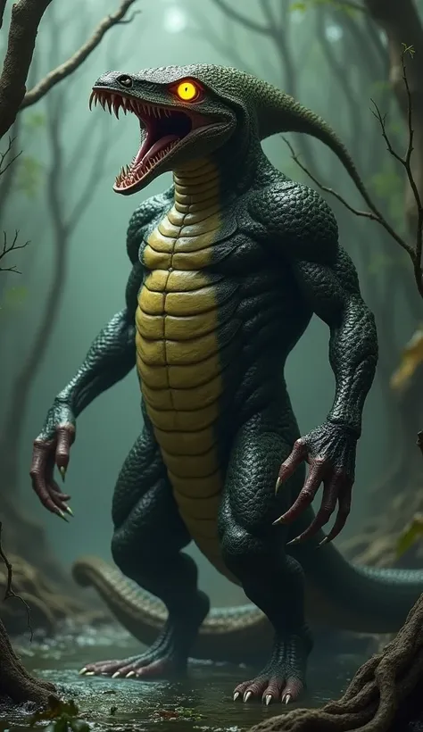 Humanoid mutant hybrid of a platypus with an angry, roaring cobra 