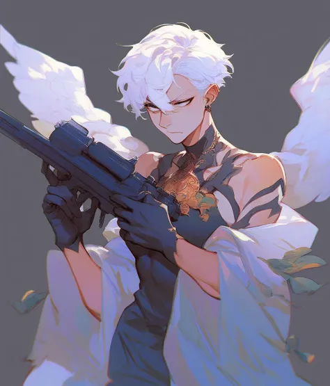  winged machines  、 he has a big gun.、  has lots of guns、Shoot a gun、 Winged Woman 、White Hair、 Short Hair、The skin is pale black、 boobs