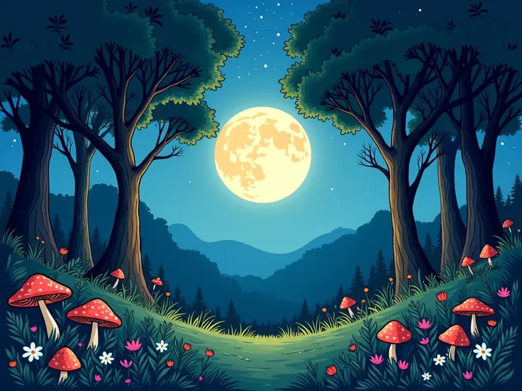 Night forest with full moon without animals, animated coloring page
