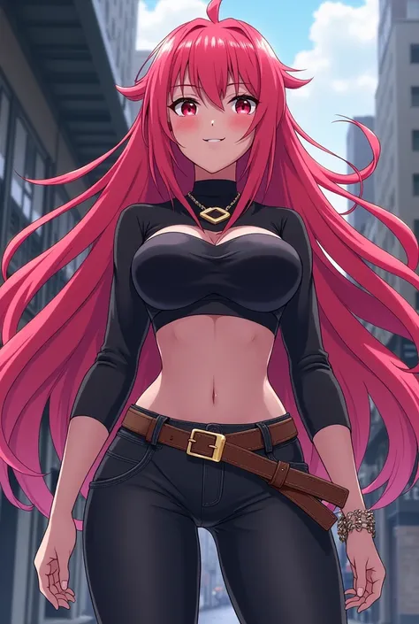  Hitsugawa is a tall and athletic woman , with 1, 78 m tall and 70 kg well distributed .  Her long hair in vibrant shades of pink and red ,  combined with intense eyes that vary between red and pink , give her a striking appearance .  Her fair skin with a ...