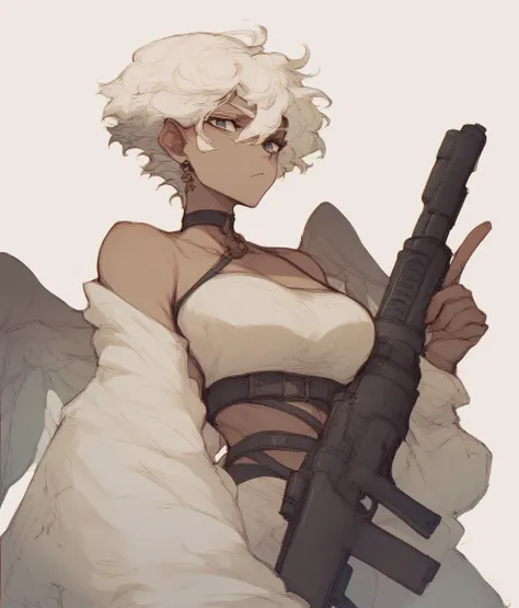  winged machines  、 he has a big gun.、  has lots of guns、Shoot a gun、 Winged Woman 、White Hair、 Short Hair、The skin is pale black、 boobs