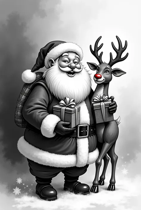  
to color, In black and white, Draw Santa Claus smiling while holding presents next to his reindeer Rudolph with his glowing nose."