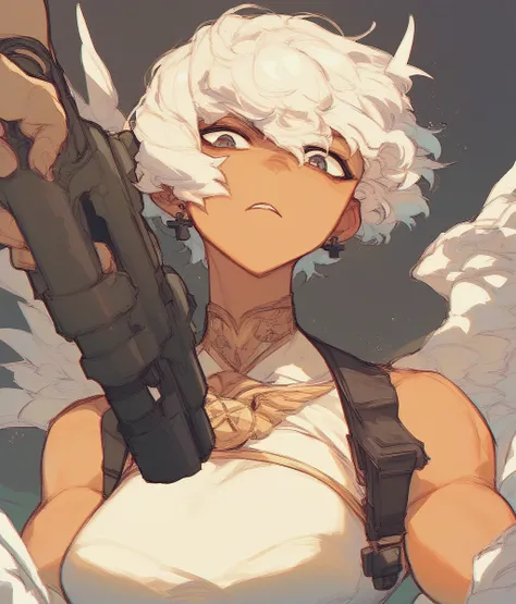  winged machines  、 he has a big gun.、  has lots of guns、Shoot a gun、 Winged Woman 、White Hair、 Short Hair、The skin is pale black、 boobs