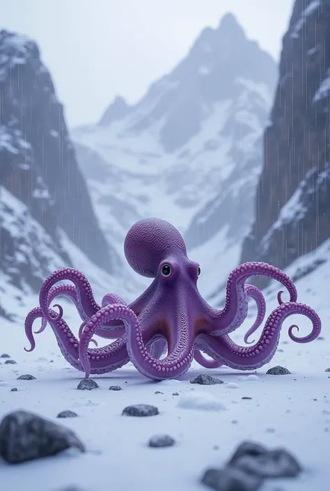 Make me an image where an octopus is walking through the mountains of snow and that at that moment it is raining purple