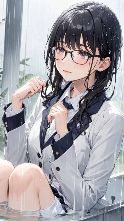 Black hair, glasses, Japanese schoolgirl blazer, soaking wet, rain, sheltering from the rain