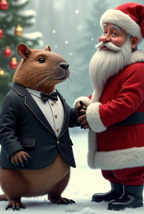 Do a capybara in a tuxedo suit holding hands to deal with Santa Claus