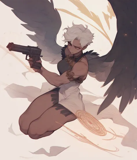  winged machines  、 he has a big gun.、  has lots of guns、Shoot a gun、 Winged Woman 、White Hair、 Short Hair、The skin is pale black、Many magic circles