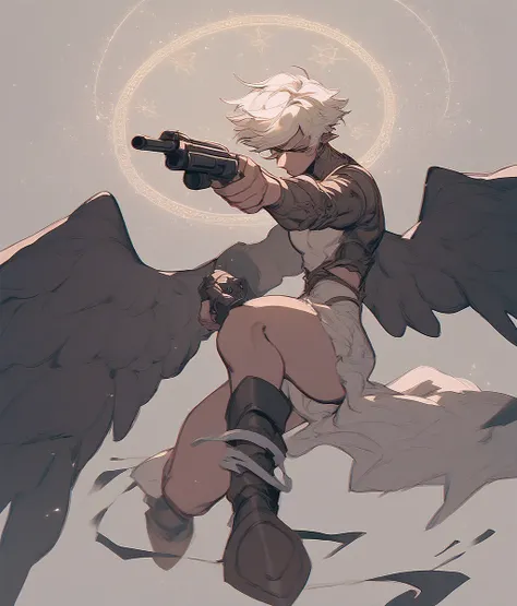  winged machines  、 he has a big gun.、  has lots of guns、Shoot a gun、 Winged Woman 、White Hair、 Short Hair、The skin is pale black、Many magic circles