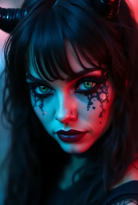 Halloween, magical beauty, neon, photorealistic, beautiful woman, spiderwoman, macro photography, high quality, 4k, fairy, devol, face tattoo, snow, beautiful neon particles, photorealistic, girl, in tattoo, incredibly beautiful, full-length, beautiful for...