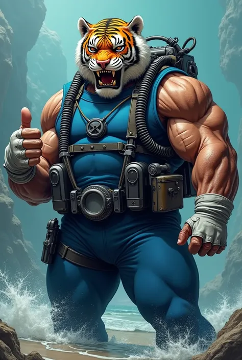 (A rugged beefy very muscular bulky chubby old man), (wearing blue wetsuit), (wearing realistic snarling tiger mask), thumbs up pose, wearing rebreather, wearing bulky scuba gear, holding a gun, muscular physique, toned muscles, fierce, heroic, action, com...