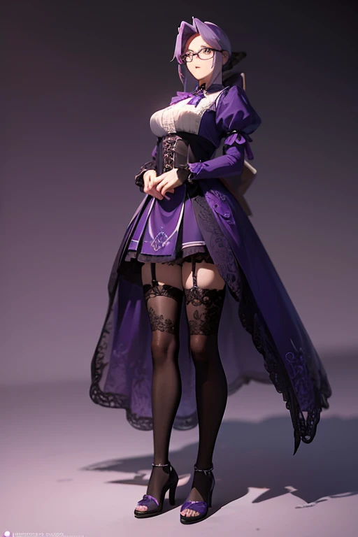 "subject": "anime character, gothic maid outfit, elegant and refined,(((purple hair))), round glasses, intricate details on clothing with lace and ribbons, thigh-high stockings with lace trims, confident and graceful posture", "style": "anime illustration,...