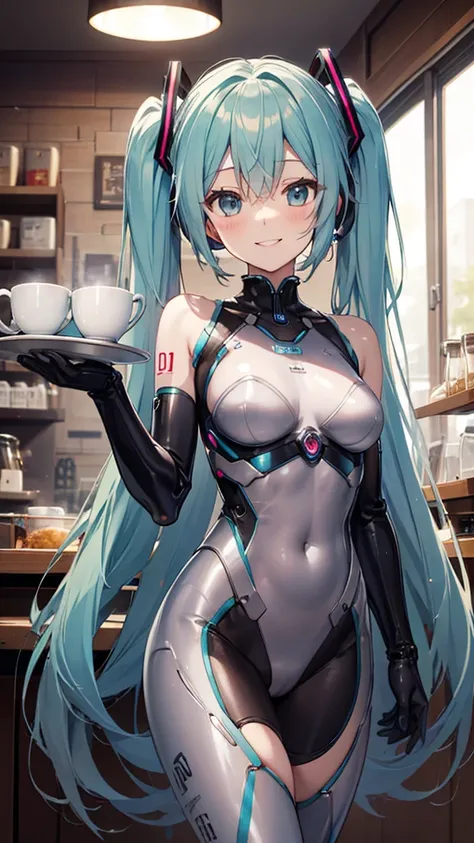 masterpiece,  high definition ,Sharp contours, Hatsune Miku,Very cute android  , mechanical fuzzy midwife suit、Super detailed,middle ,Smile of the Goddess,silver round tray , at the coffee shop