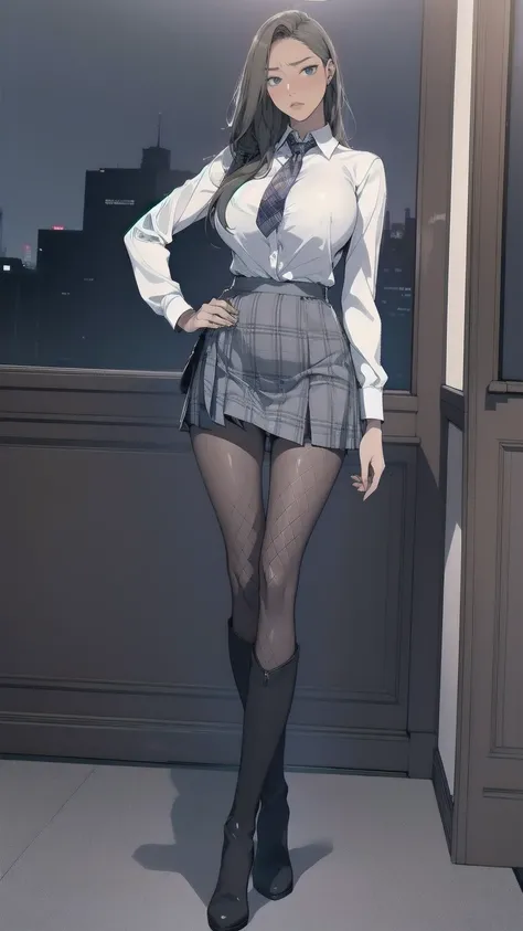 masterpiece,  best quality,  high definition ,  Big Breasts ,  thin waist, Long legs, Thin legs, Business shirts, Roll up your sleeves, tie,  Plaid Skirt,  fishnet tights, Tight long boots, Earrings