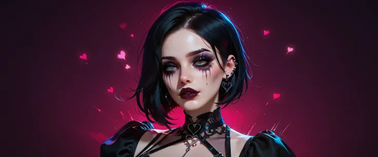 Gothic woman, black hair, dark makeup, gothic clothes, dark background, goth makeup, pale skin, (heart effects), (movement lines), ruined makeup, Painstaking Attention To Details, dark theme, concept art, Expressiveh