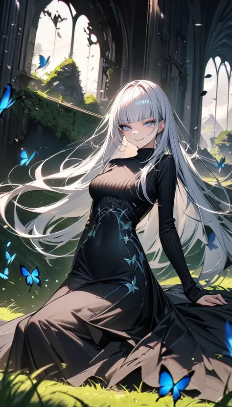 mysterious and fantastical art, cool beauty, long thick white eyelashes, smirk, silver straight hair with blunt bangs, wearing black tight fit knit long dress, jet black petals, deep blue butterflies, green grass hill, best quality