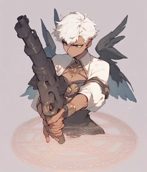  winged machines  、 he has a big gun.、  has lots of guns、Shoot a gun、 Winged Woman 、White Hair、 Short Hair、The skin is pale black、Many magic circles、Magic circle in the center